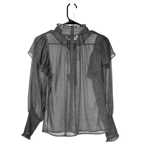 Zara Women's Blouse Gray Sparkle Button Ruffle Neck Tie Sheer Long Sleeve Top XS - Picture 2 of 10